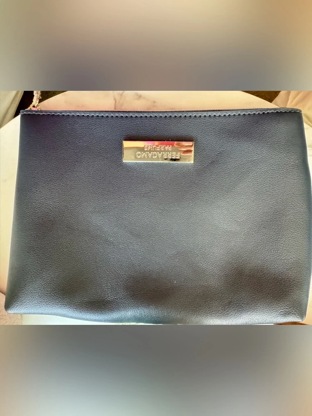 Salvatore Ferragamo navy Leather Cosmetic Pouch with Silver Plaque